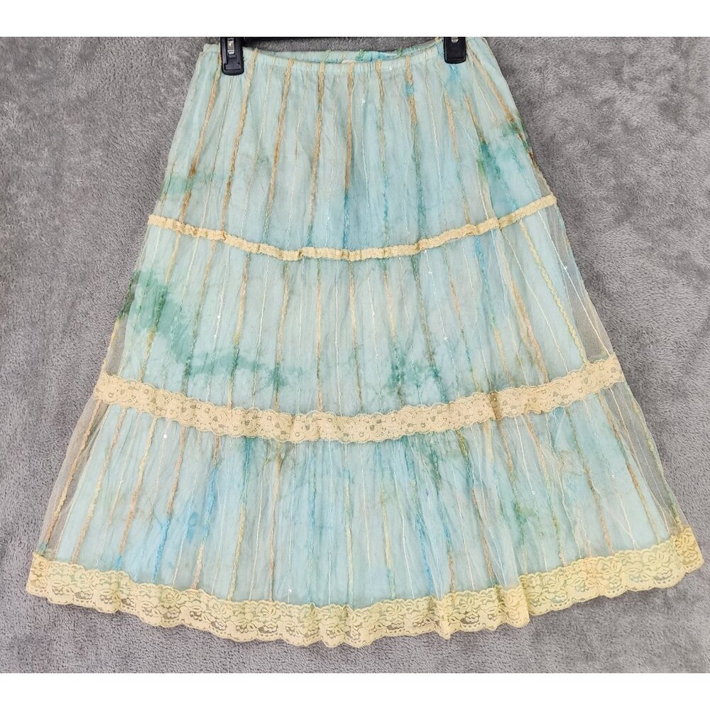 Womens Skirt Medium Cream Lace Mesh Overlay Teal Fairy Goth Peasant Vintage Midi